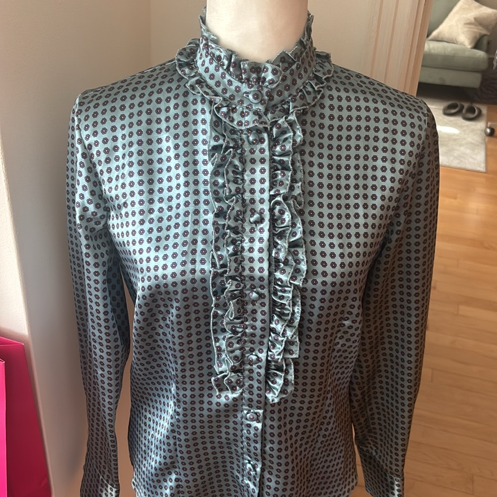 Elegant Satin Blue Ruffled Button Down Blouse/Top